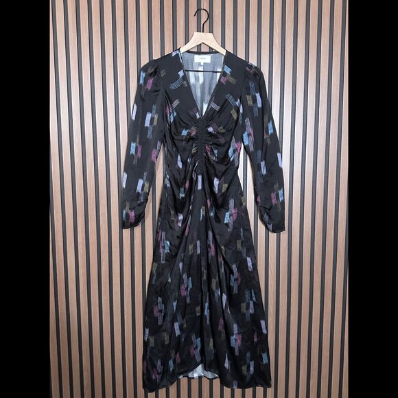 Xirena Dress Small Womens Black Pinched Long Sleeve Abstract 100% Silk Cocktail - Picture 1 of 8